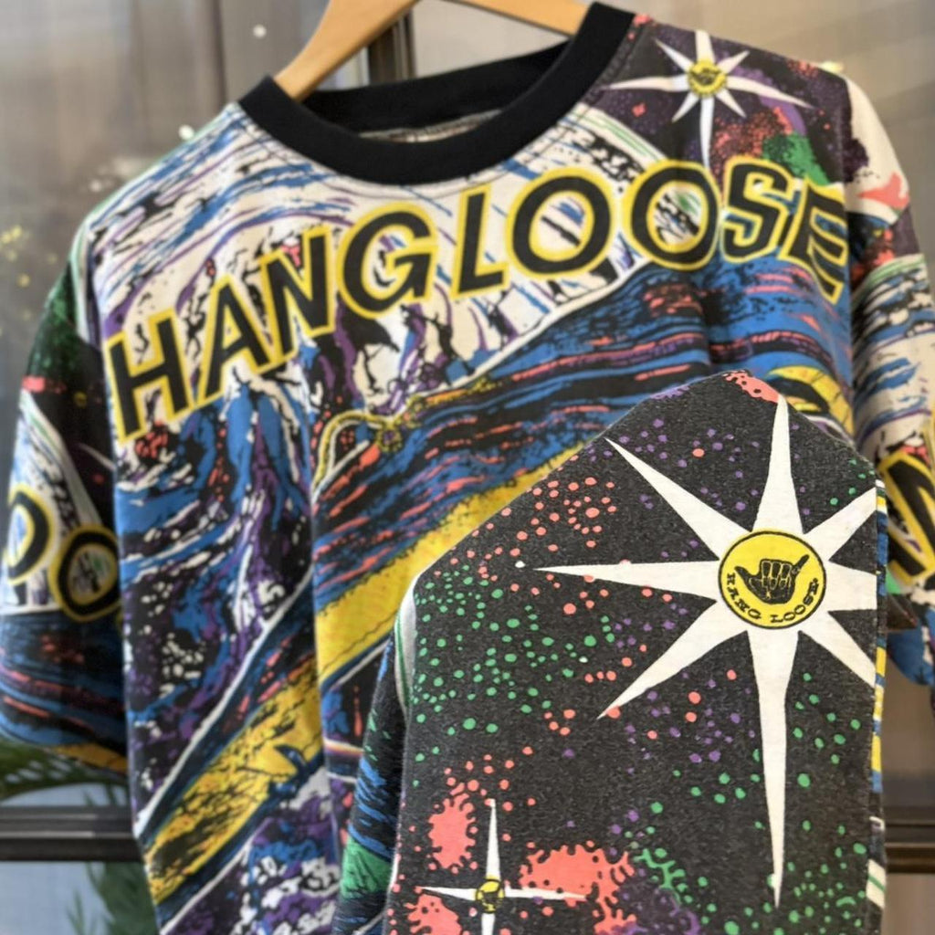 Vintage Hang Loose T Shirt Tee Mens Large Multicolour All Over Print Surf Skate Graphic Top Y2K 90s