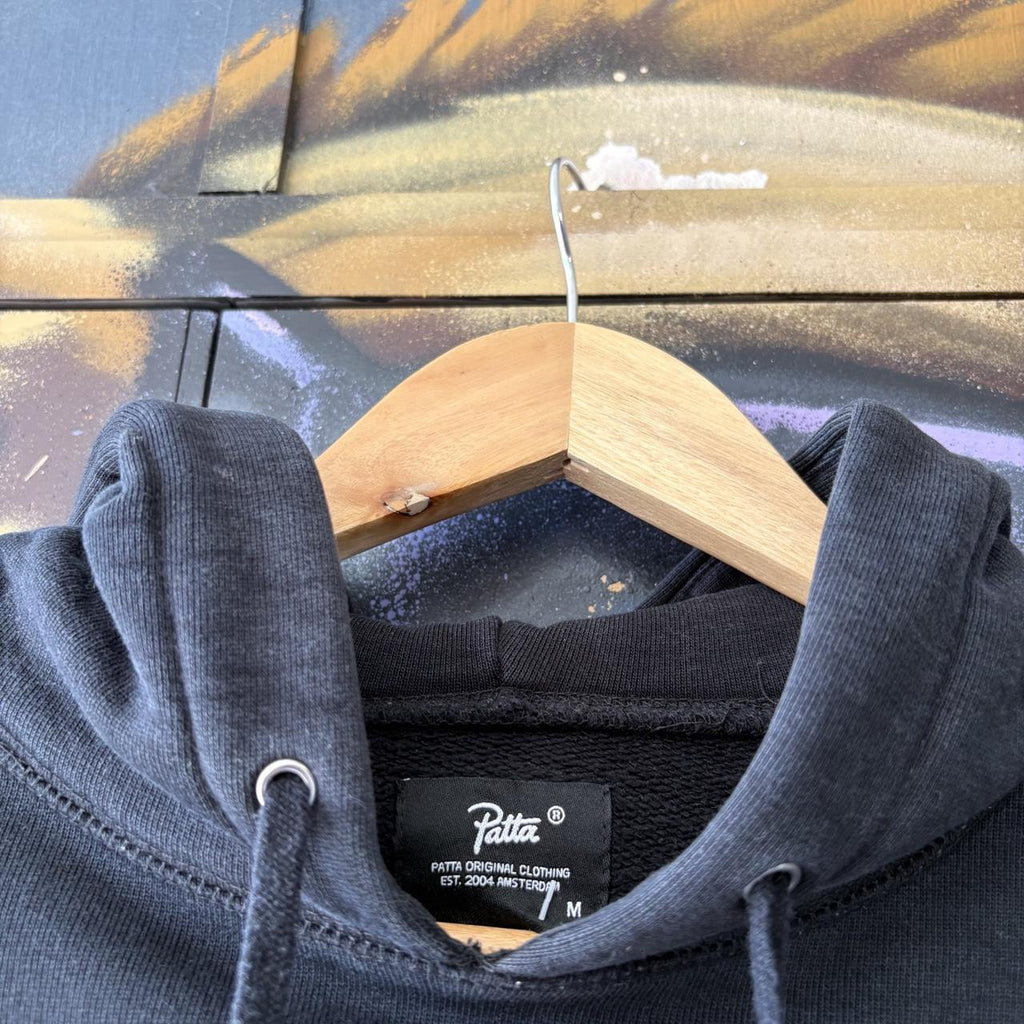 Patta Hoodie Mens Medium Black Biker Logo Felt Amsterdam Pullover Sweatshirt Jumper Top 90s Y2K 00s