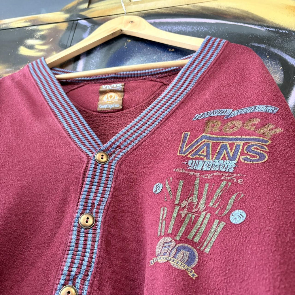 MES1102BU-U - Vintage Retro Essential 90’s Vans Burgundy V-Neck Button Up Cardigan Jumper Sweatshirt with printed logos #90s #skater #surfer #y2k #vans