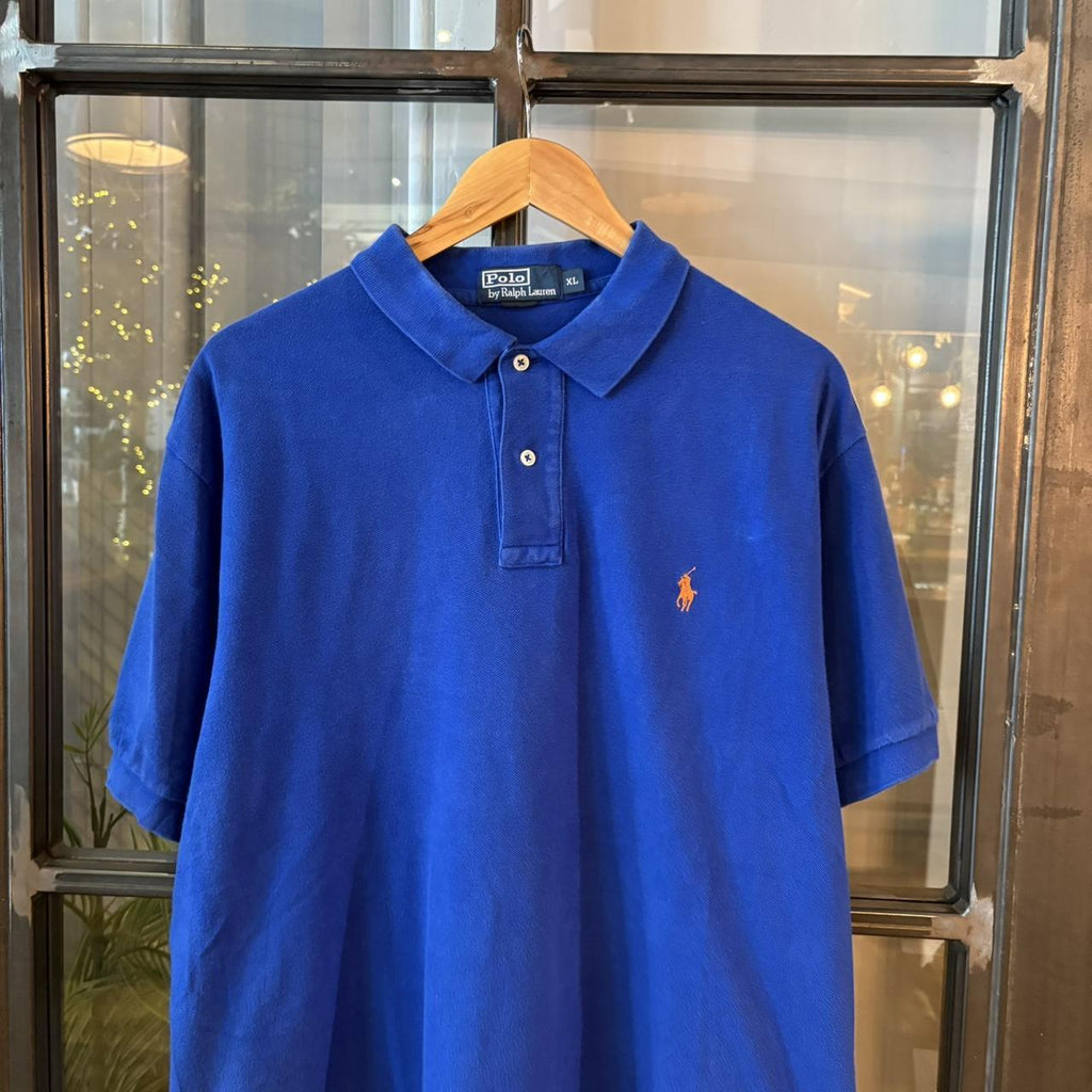 POL395F - Vintage Retro Ralph Lauren Blue Plain Polo Shirt Short Sleeve collared button up top  #Y2K #preppy #chiefkeef #oldmoney #ralphlauren