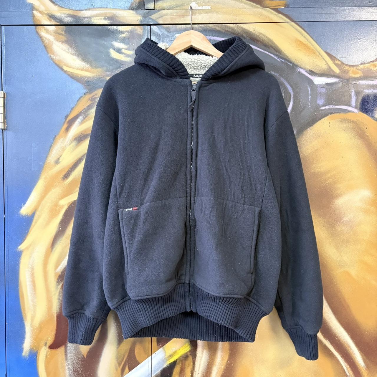 MES1102AK-U - Vintage Retro Essential Black Schott NY Blafk Sherpa Lined Sweatshirt Hoodie with embossed spell out back hit logo #90s #streetwear #schnottny #schontt #y2k