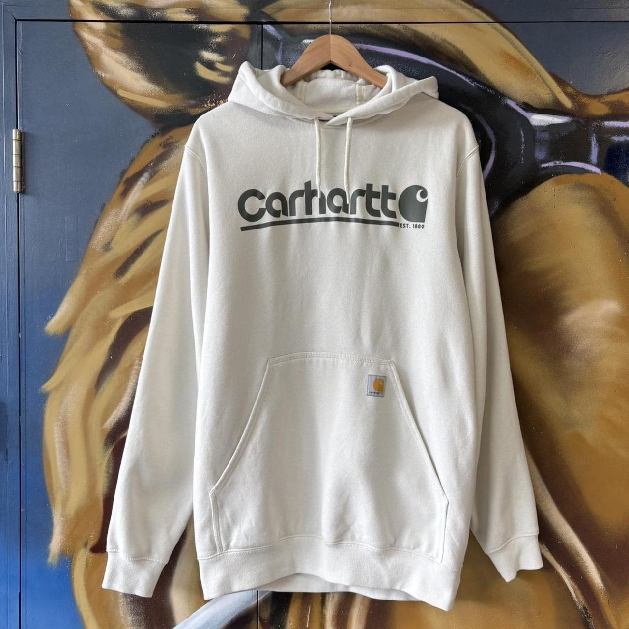 Carhartt WIP Hoodie Mens Medium Cream Logo Graphic Spellout Sweatshirt Streetwear Skate Jumper Top 90s Y2K