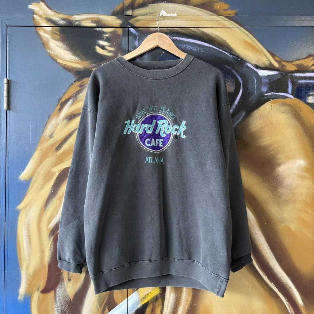 Vintage Hard Rock Cafe Sweatshirt Mens Large Faded Black Atlanta USA Embroidered Spellout Jumper 90s Y2K