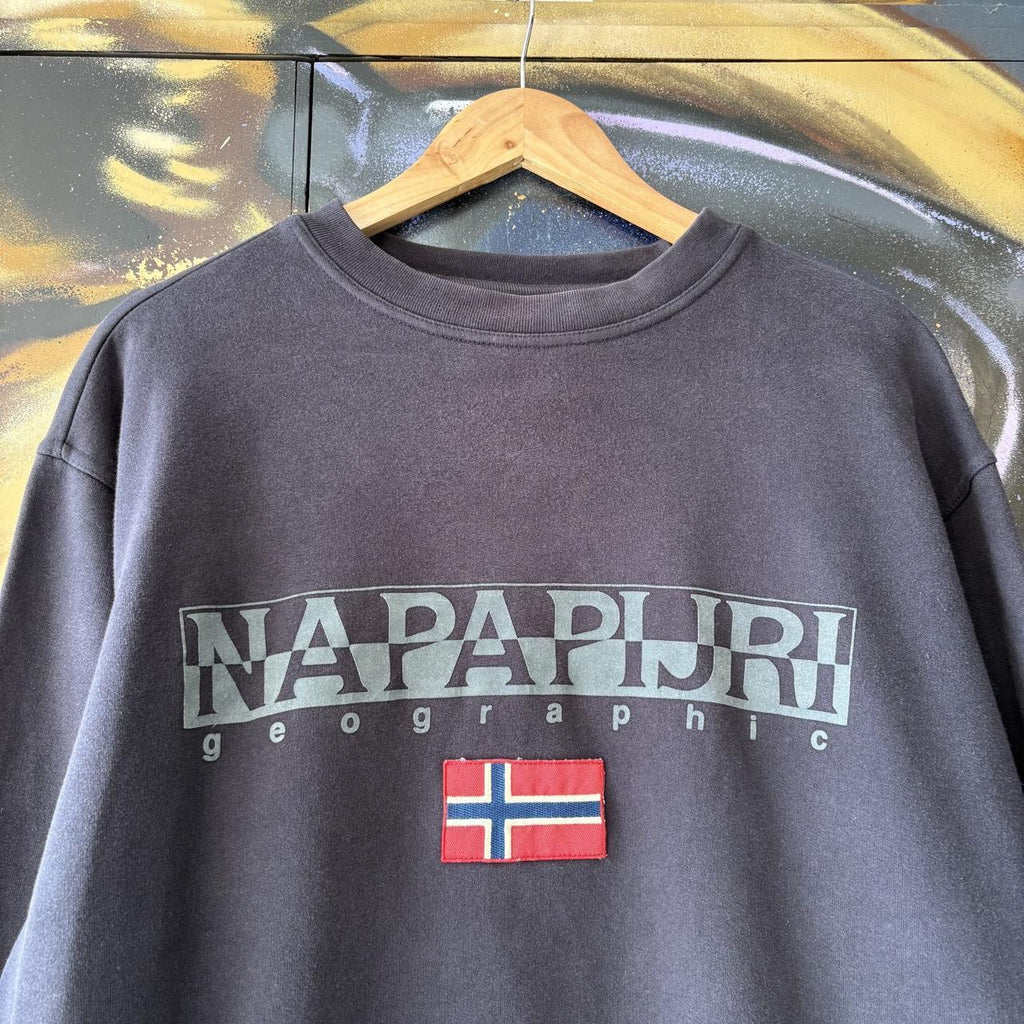 Vintage Napapijri Sweatshirt Mens Medium Navy Big Spell Out Logo Pullover Jumper Top 90s Y2K 00s
