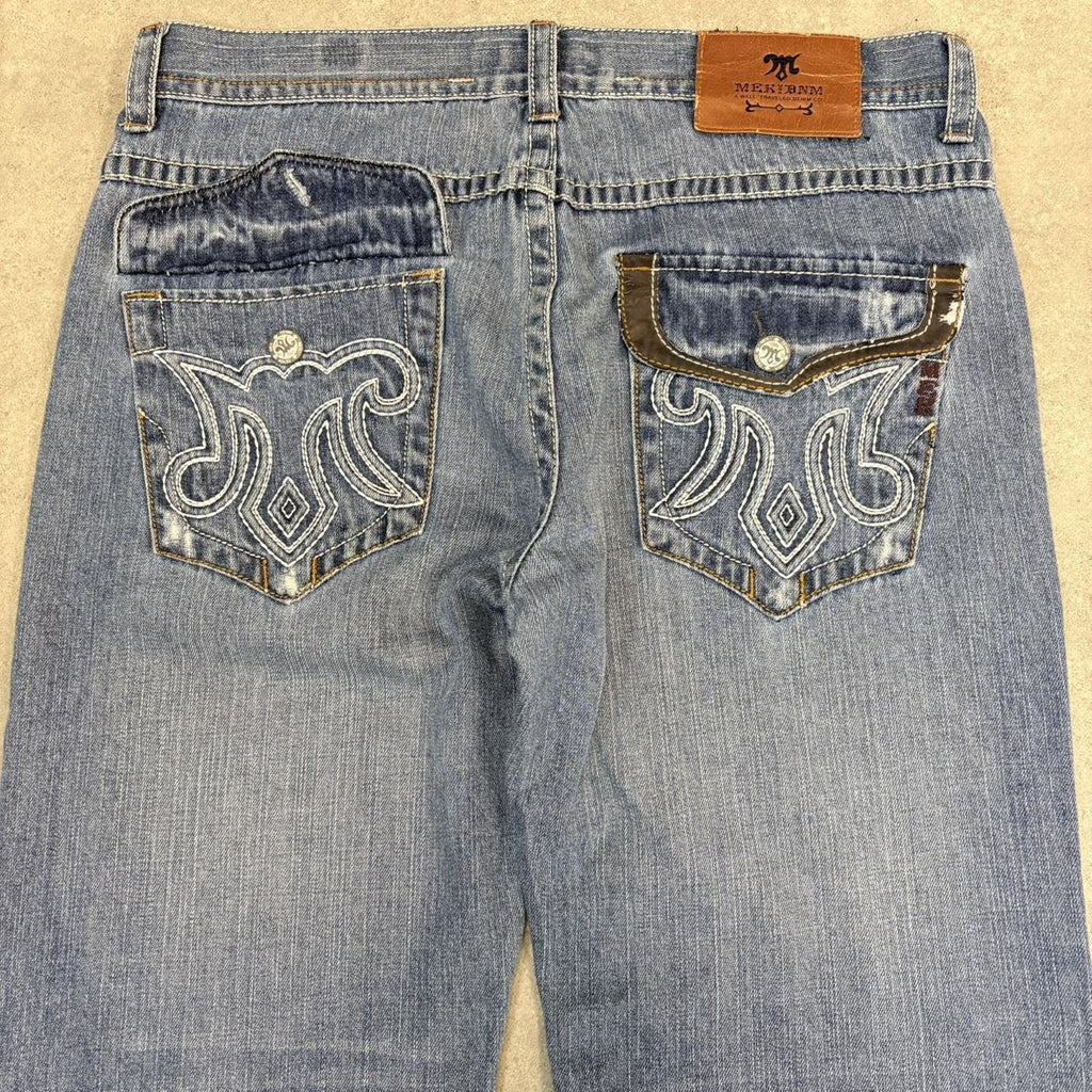 BR1209CB-U - Vintage retro essential  Mek Denim USA Blue Wash Denim Jeans Trousers pants with y2k embroidered detailing #denim #usa #jeans #y2k #embroidered