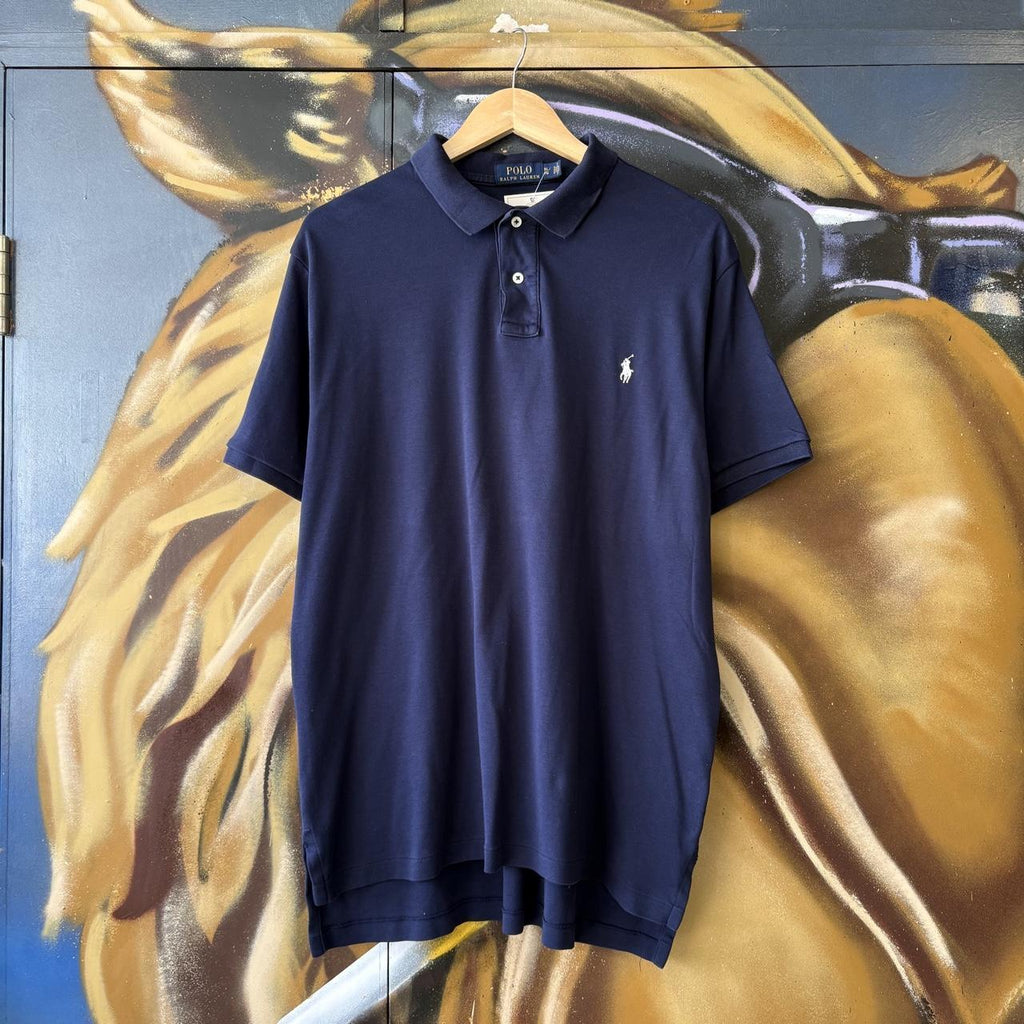 Vintage Ralph Lauren Polo Shirt Mens XL Navy Plain Preppy Pony Logo Collared Button Up Top Y2K 90s