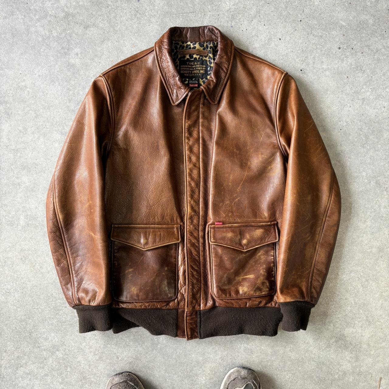 Essential Brown Schott USA x Supreme New York skate leopard print lining type A2 Bomber real cowhide leather flight pilot jacket coat 2015 release with tab as seen