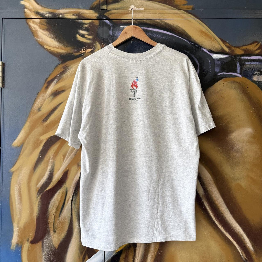 Vintage Atlanta Olympics 1996 T shirt GRey Faded Sports Flame Graphic Print Single Stitch Tee Top 90s Y2K 00s
