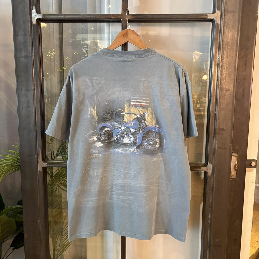 TEE404BR - Vintage Retro Essential Blue Motorcycle Bike Graphic Print Single Stitch Pocket Top Tee T-shirt #90s #graphic #motorcycles #biker #distressed