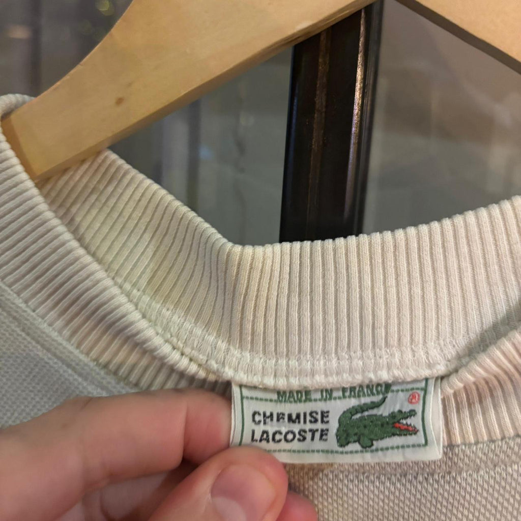 0325E60F-P - Vintage Retro Essential Pale Yellow and Grey Lacoste Crewneck Jumper Sweatshirt with embroidered crocodile patch logo #90s #sportswear #essential #y2k #lacoste