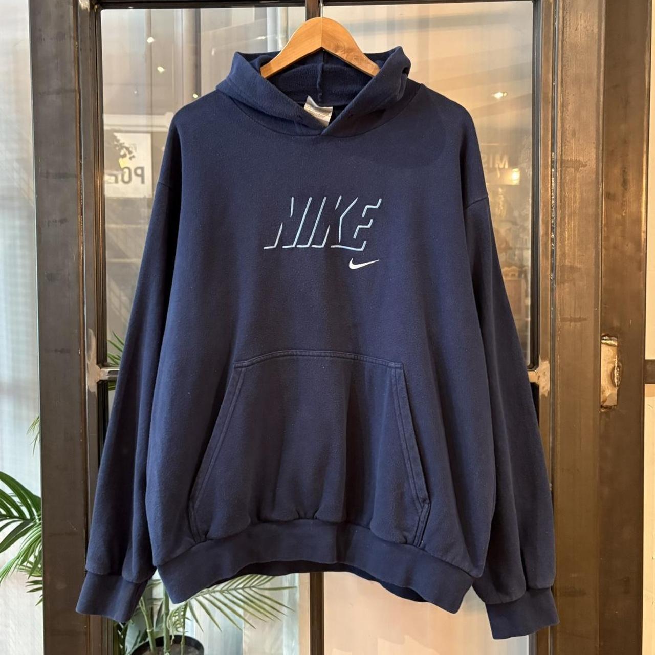 Vintage Nike Centre Solo Swoosh Hoodie Navy Blue Mens Large Sweatshirt Skate Surf Jumper 90s Y2K 00s
