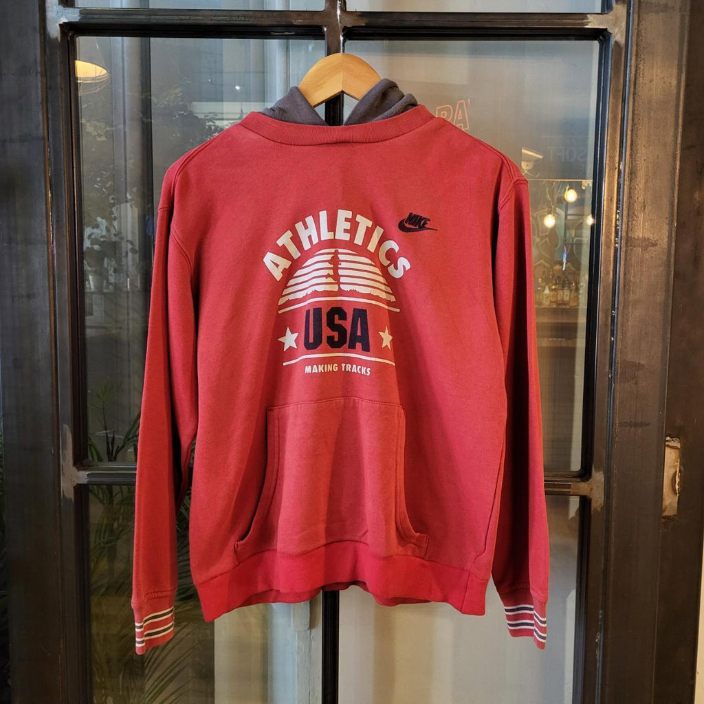 SWT273 - Vintage Retro Essential adult Nike Athletics USA Making Tracks Grey Red Hoodie sweatshirt with big graphic spellout small chest embroidered logo #nike #90s #track #casual #running