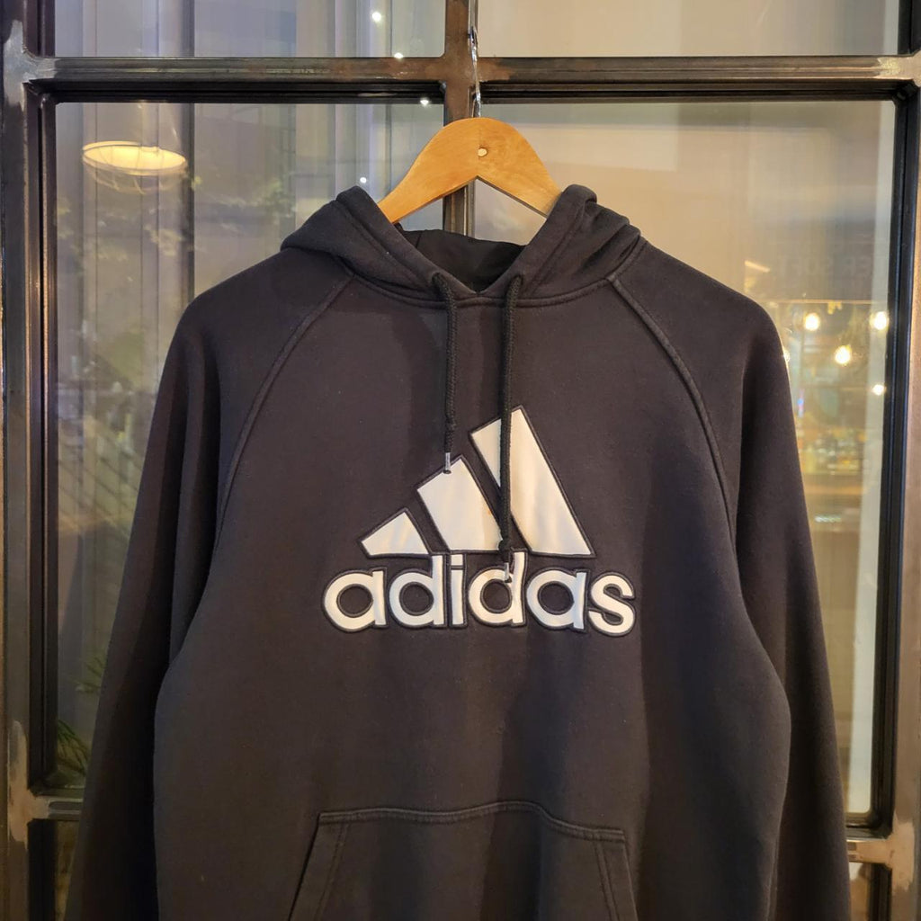 SWT352 - Vintage Retro Essential Adidas Black sweatshirt hoodie with embroided centre spellout #hoodie #casual #y2k #adidas #essential