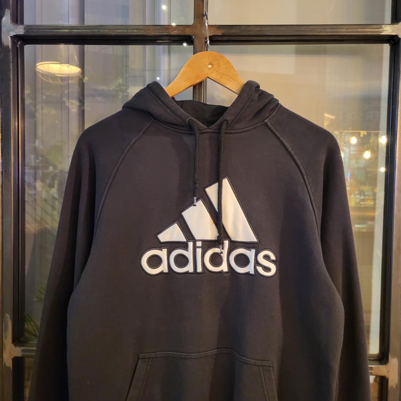 SWT352 - Vintage Retro Essential Adidas Black sweatshirt hoodie with embroided centre spellout #hoodie #casual #y2k #adidas #essential