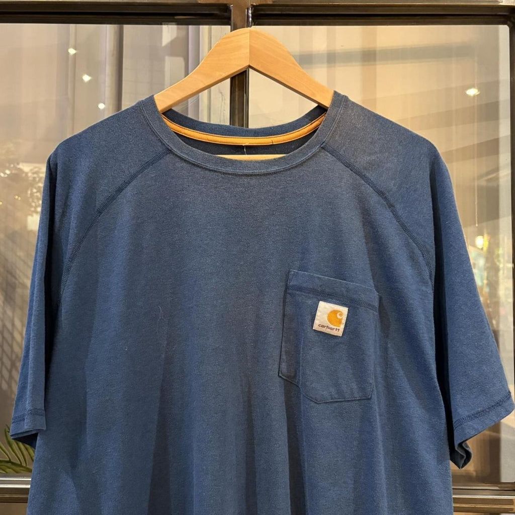 BR2306NJ-F - Vintage Retro Essential Blue Carhartt Pocket Top Tee T-shirt with embroidered patch logo #skater #workwear  #carhartt #y2k #pocket