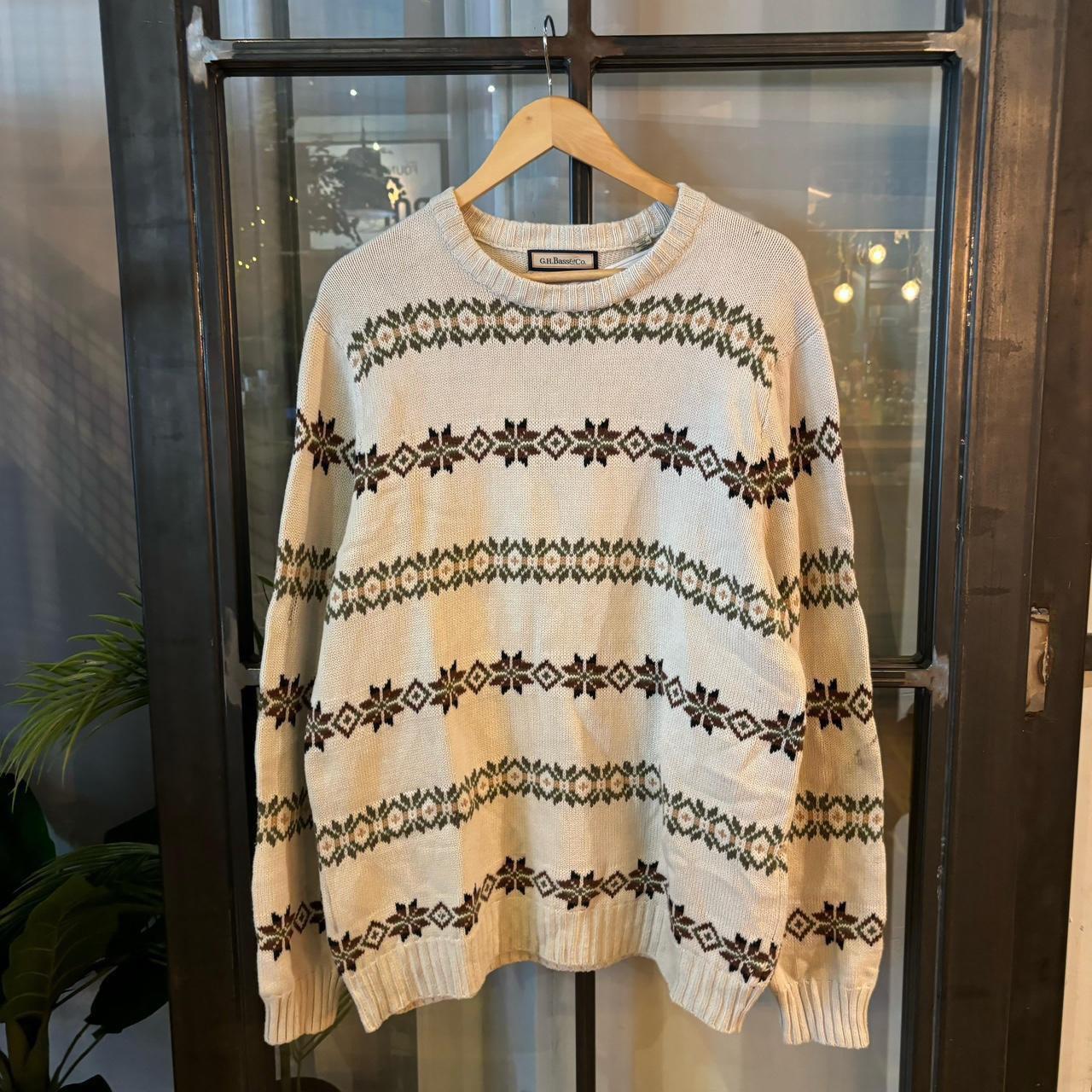 0325G97F - Vintage Retro Essential G.H. Bass Cream patterned argyle golf grandpa cosby sweatshirt crewneck knit Jumper #ghbass #knitjumper #90s #grandad #knitted