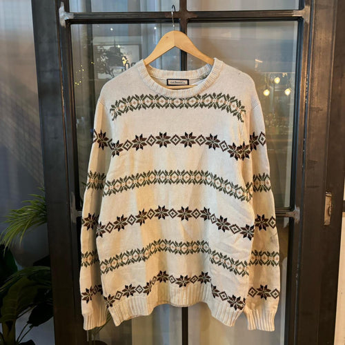 0325G97F - Vintage Retro Essential G.H. Bass Cream patterned argyle golf grandpa cosby sweatshirt crewneck knit Jumper #ghbass #knitjumper #90s #grandad #knitted