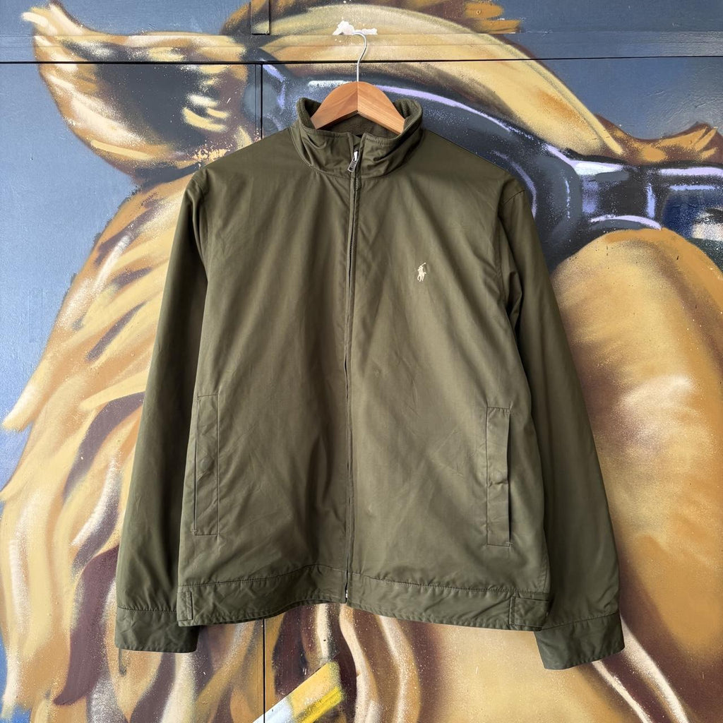 Vintage Ralph Lauren Jacket Mens Medium Army Green Harrington Preppy Pony Logo Collared Full Zip Up Top Y2K 90s