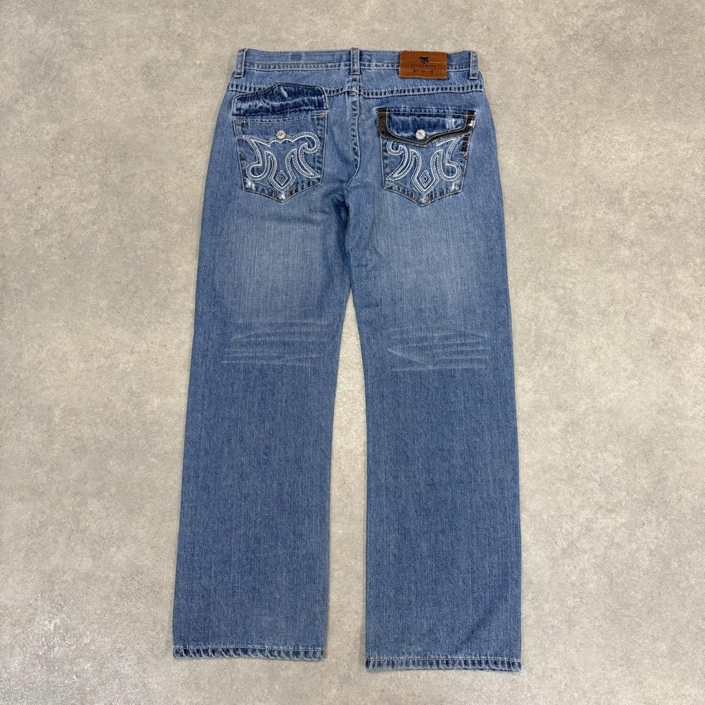 BR1209CB-U - Vintage retro essential  Mek Denim USA Blue Wash Denim Jeans Trousers pants with y2k embroidered detailing #denim #usa #jeans #y2k #embroidered