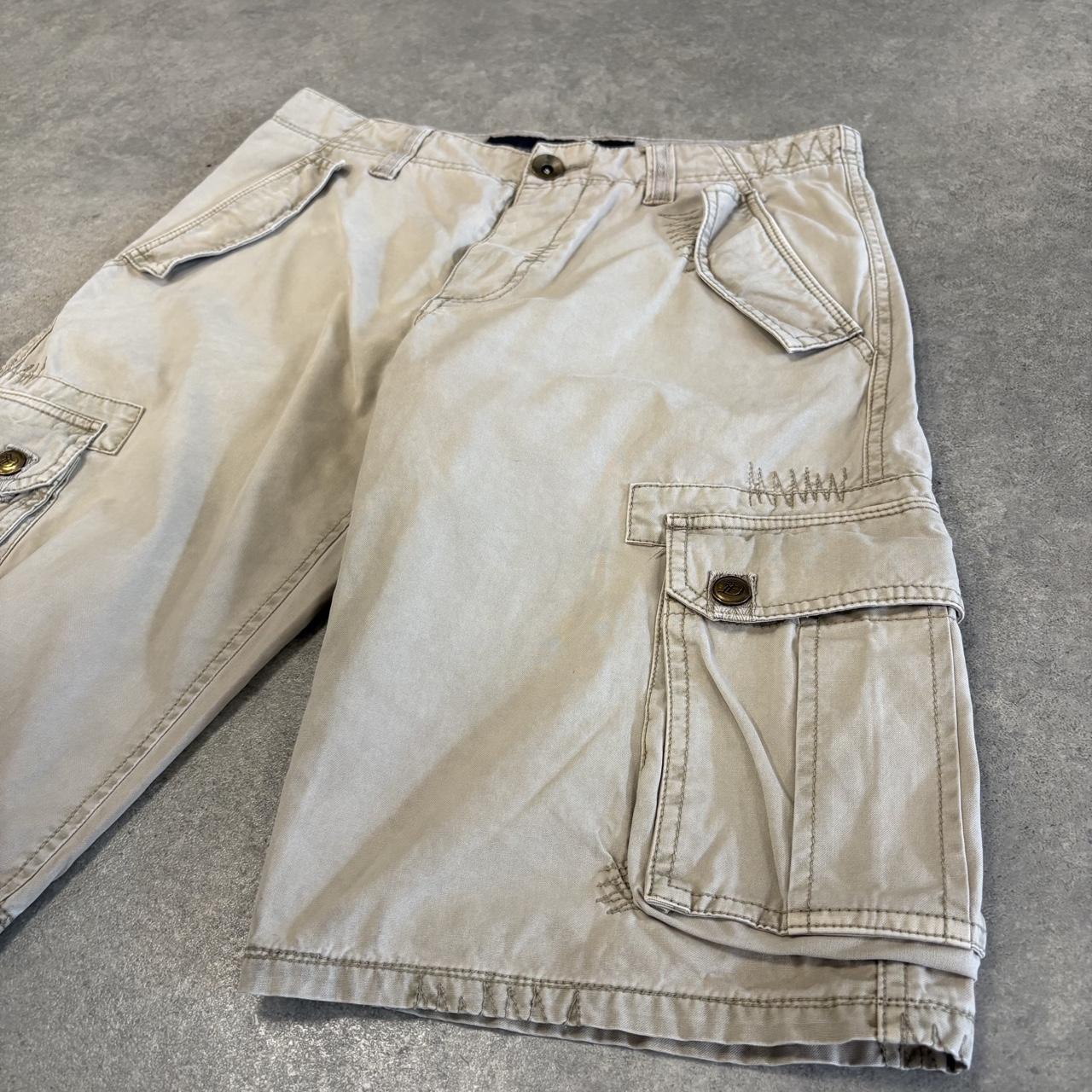 Vintage Tom Taylor Denim Jorts Mens 28” Beige Utility Cargo Shorts Multi Pockets Baggy Wide Leg Skate Surf Hip Hop 00s Y2K