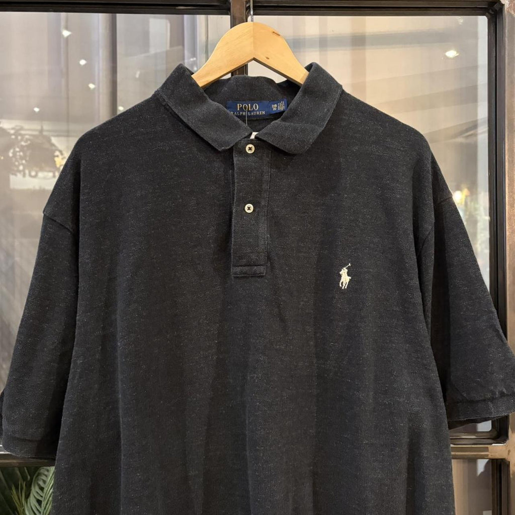BR1912SW-F - Vintage Retro Ralph Lauren Plain Dark Grey Polo Shirt Short Sleeve collared button up top  #Y2K #preppy #chiefkeef #oldmoney #ralphlauren