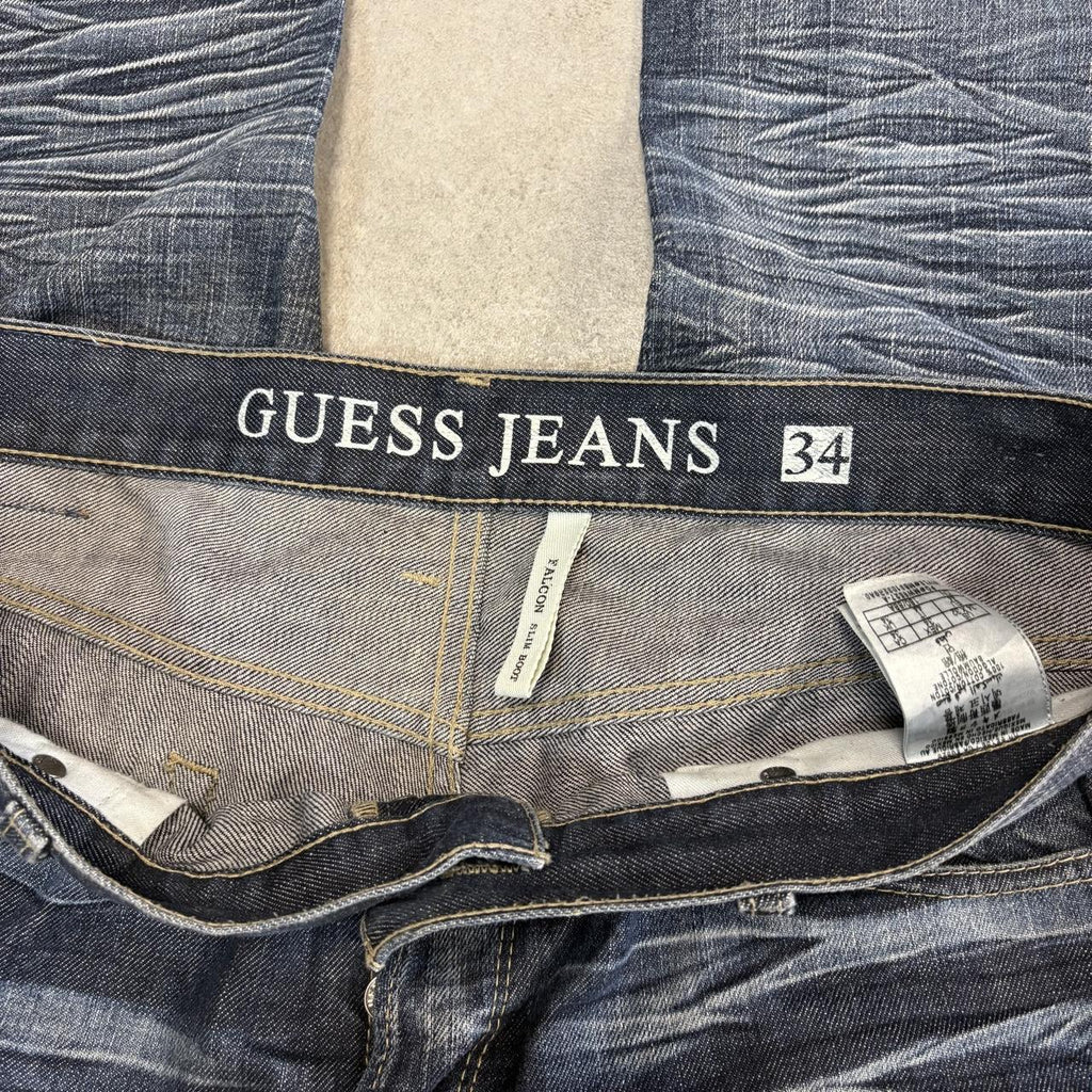 Vintage Guess Jeans Mens 36x34 Blue Denim Wash Ripple Patina Bootcut Embroidered Trousers 2000s 00s Y2K