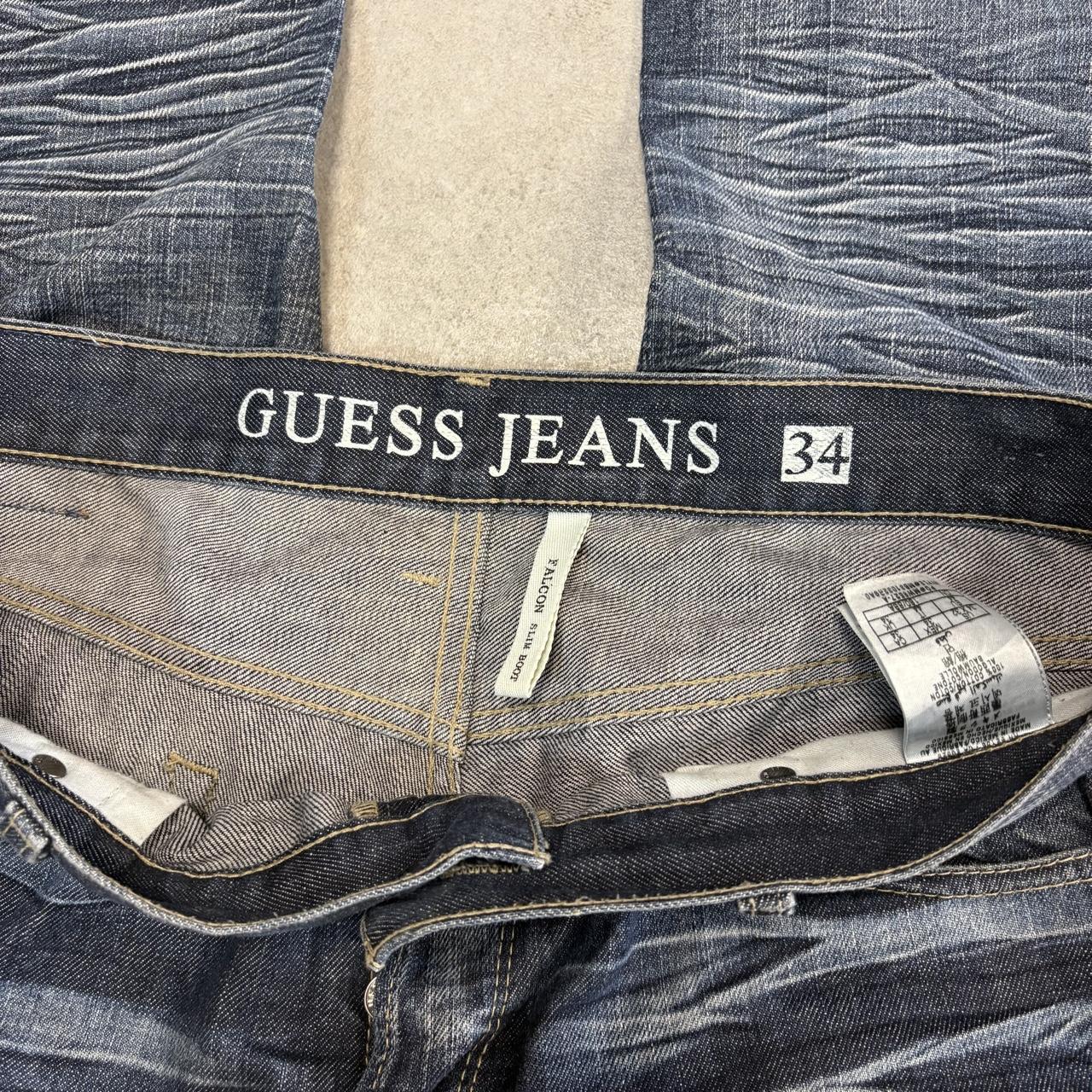 Vintage Guess Jeans Mens 36x34 Blue Denim Wash Ripple Patina Bootcut Embroidered Trousers 2000s 00s Y2K