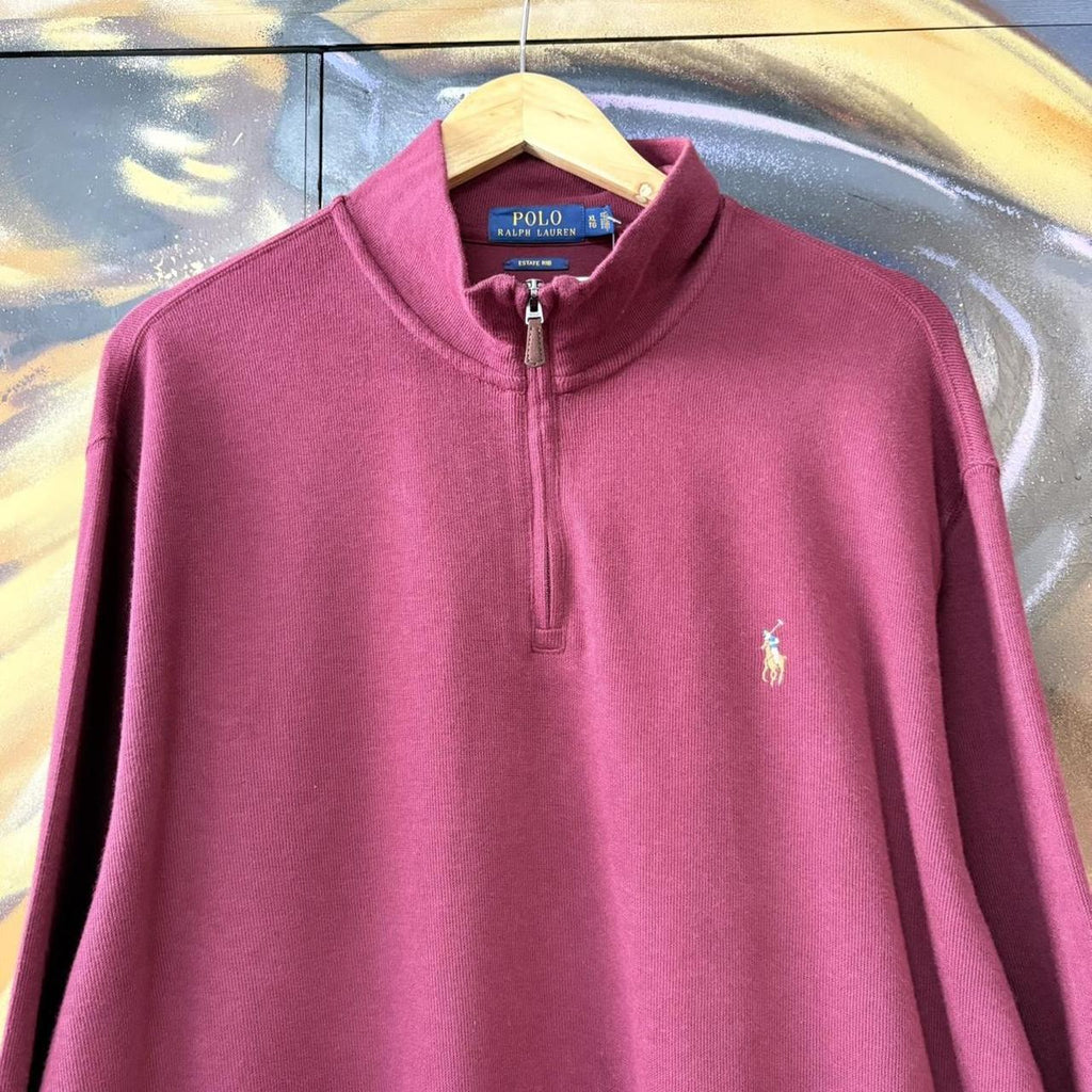 Vintage Red Ralph Lauren Quarter Zip Sweatshirt Jumper Top preppy essential smart casual with coloured spellout embroidered logo pony horse Wine maroon 00s 90s Y2K Cheltenham races horse racing old money estate rib