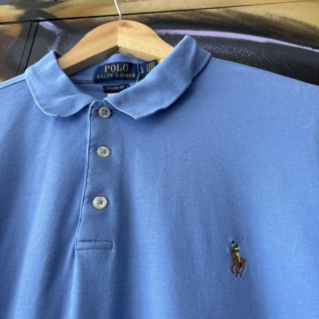Vintage Ralph Lauren Polo Shirt Mens Large Plain Blue Preppy Pony Logo Collared Button Up Top Y2K 90s