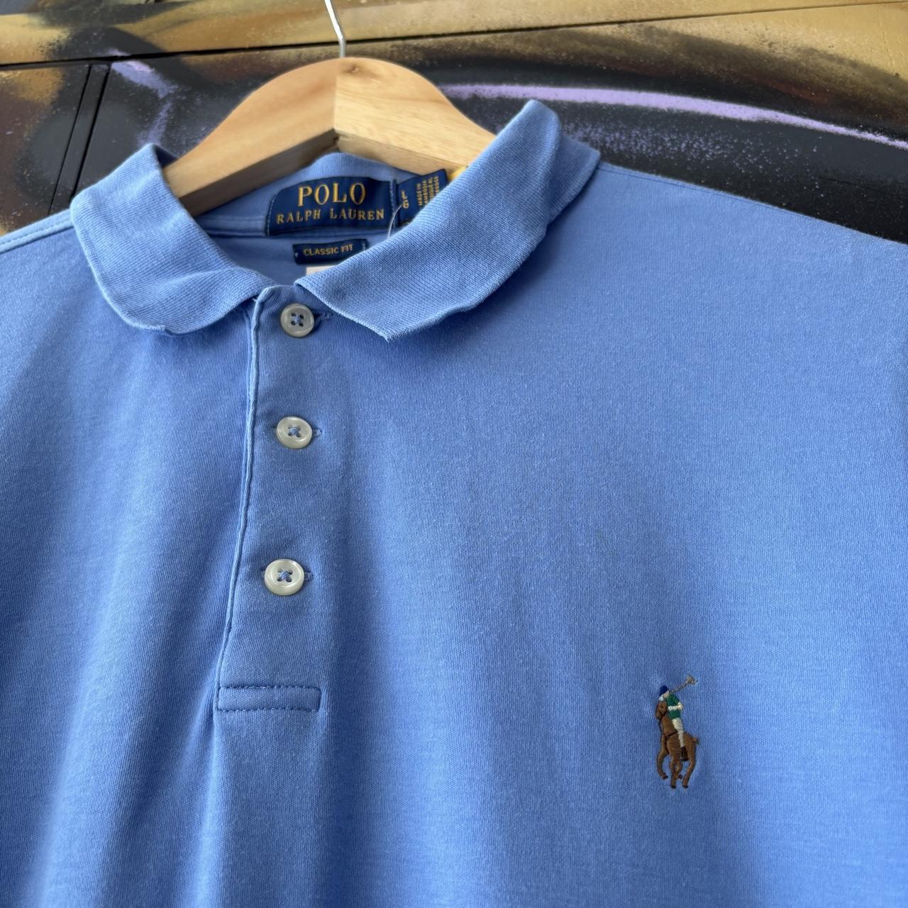 Vintage Ralph Lauren Polo Shirt Mens Large Plain Blue Preppy Pony Logo Collared Button Up Top Y2K 90s