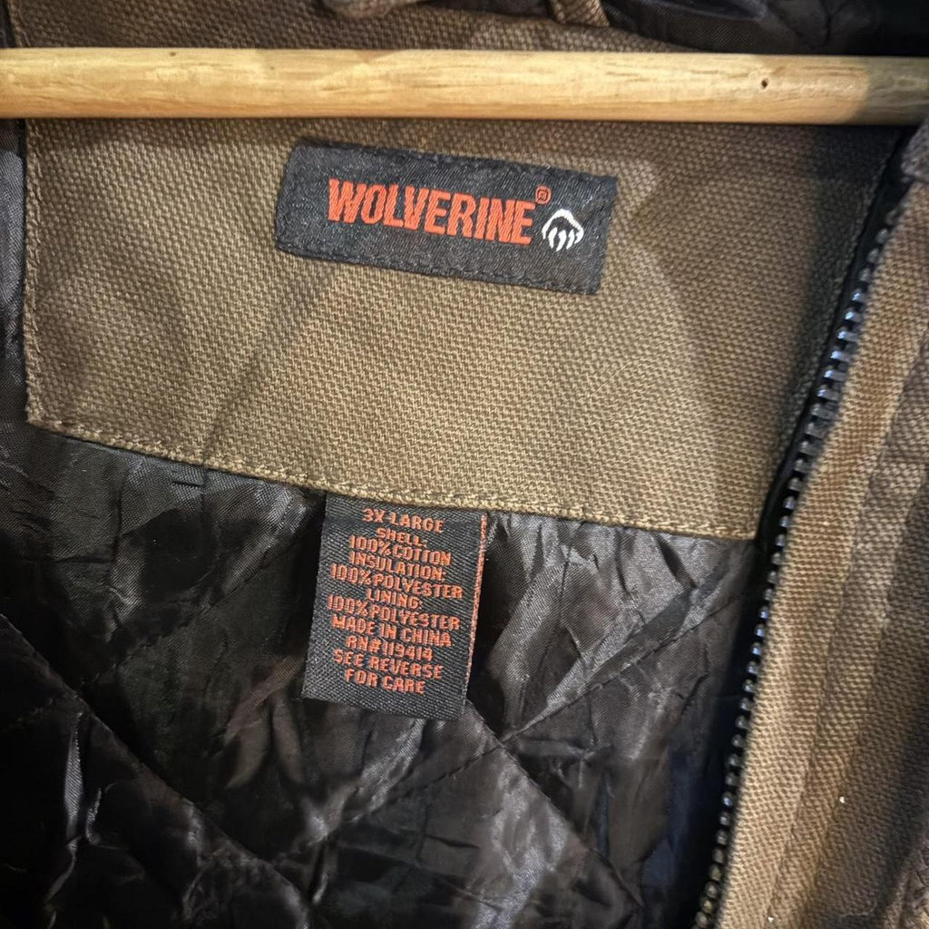 0125A89 - Vintage Retro Wolverine Mocha Chocolate Brown Full Zip Up lined Canvas Hooded Workwear Active Jacket #utility #workwear #activejacket #skater #wideboxy