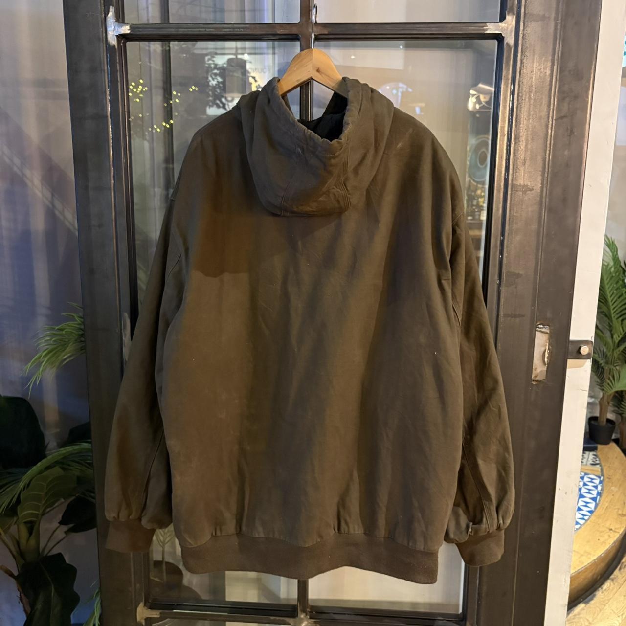 0125A89 - Vintage Retro Wolverine Mocha Chocolate Brown Full Zip Up lined Canvas Hooded Workwear Active Jacket #utility #workwear #activejacket #skater #wideboxy