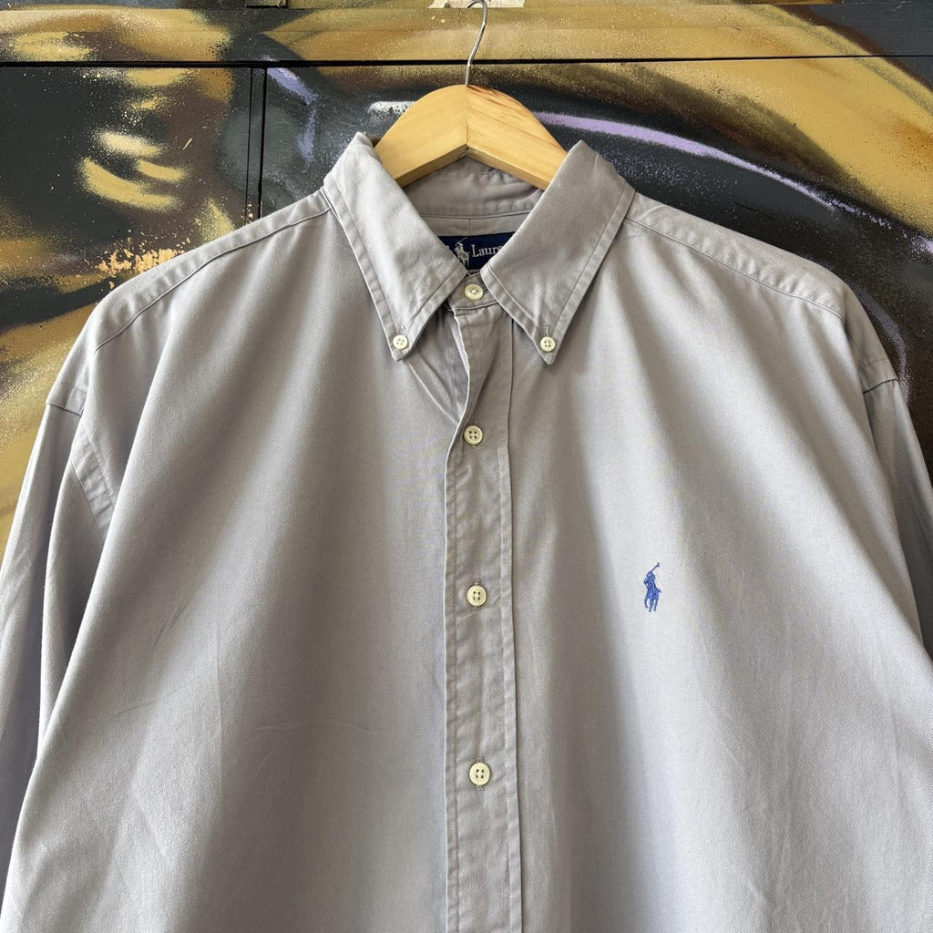 Vintage Ralph Lauren Polo Shirt Mens Large Grey Plain Preppy Pony Logo Collared Button Up Top Y2K 90s