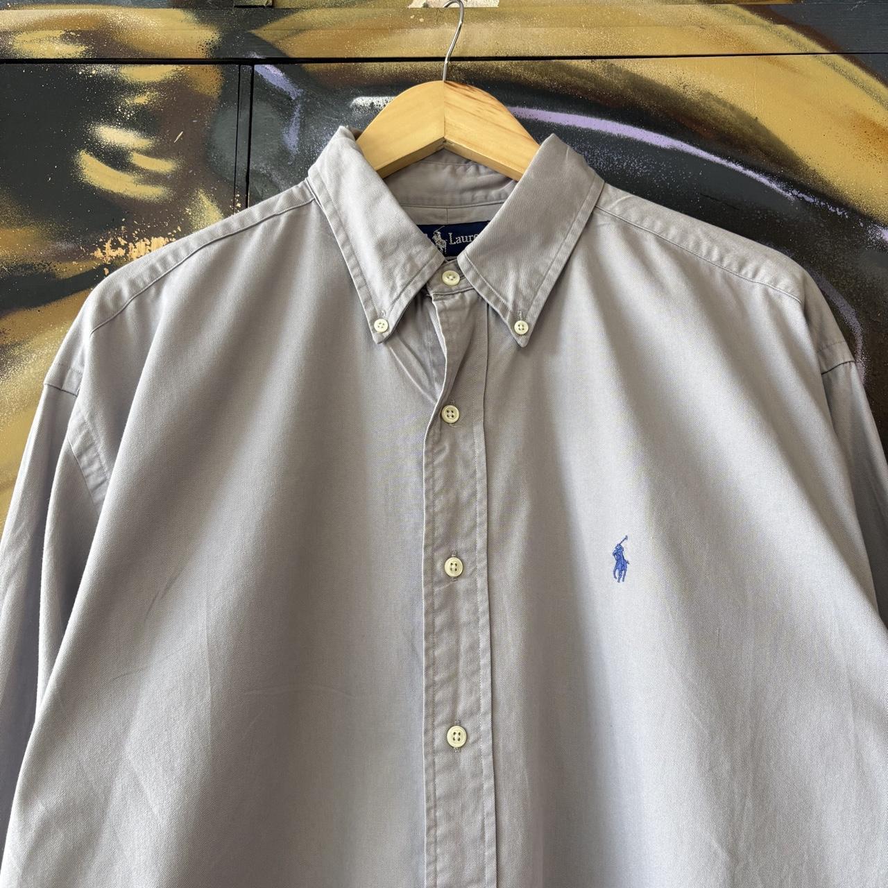 Vintage Ralph Lauren Polo Shirt Mens Large Grey Plain Preppy Pony Logo Collared Button Up Top Y2K 90s