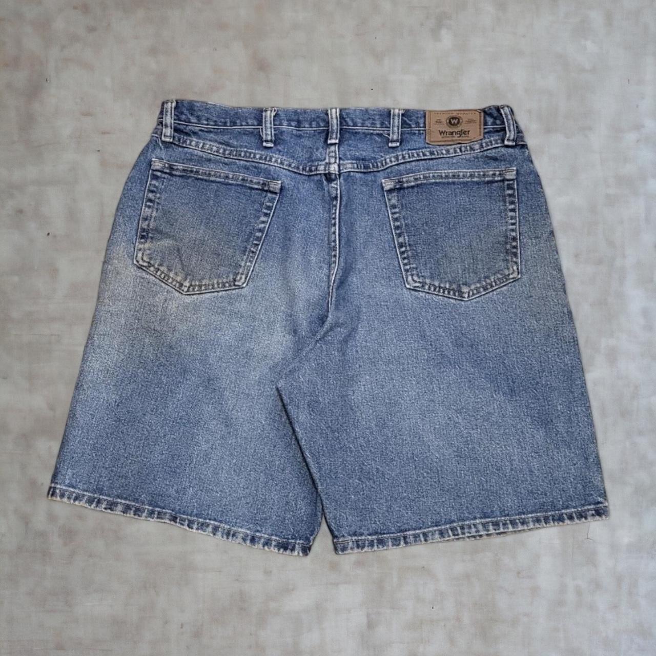 JRT5015 - Vintage Retro Wrangler Blue Wash Denim Jorts Shorts Jorts with detailed embroidered patch logo #jorts #wrangler #y2k #skater #hiphop