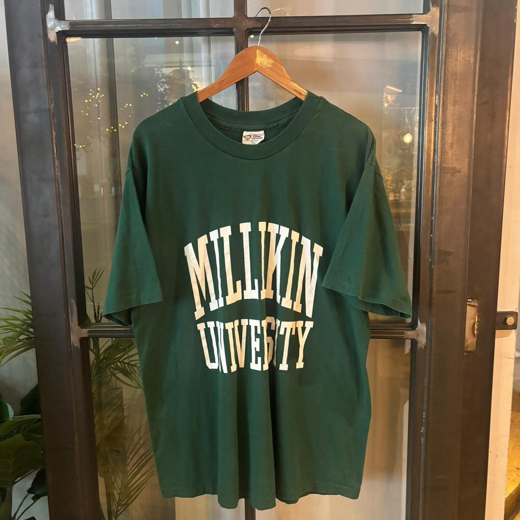 TEE429P - Vintage Retro Essential Dark Green Millikin University Graphic Print Single Stitch Top Tee T-shirt #90s #graphic #university #essential #millikin