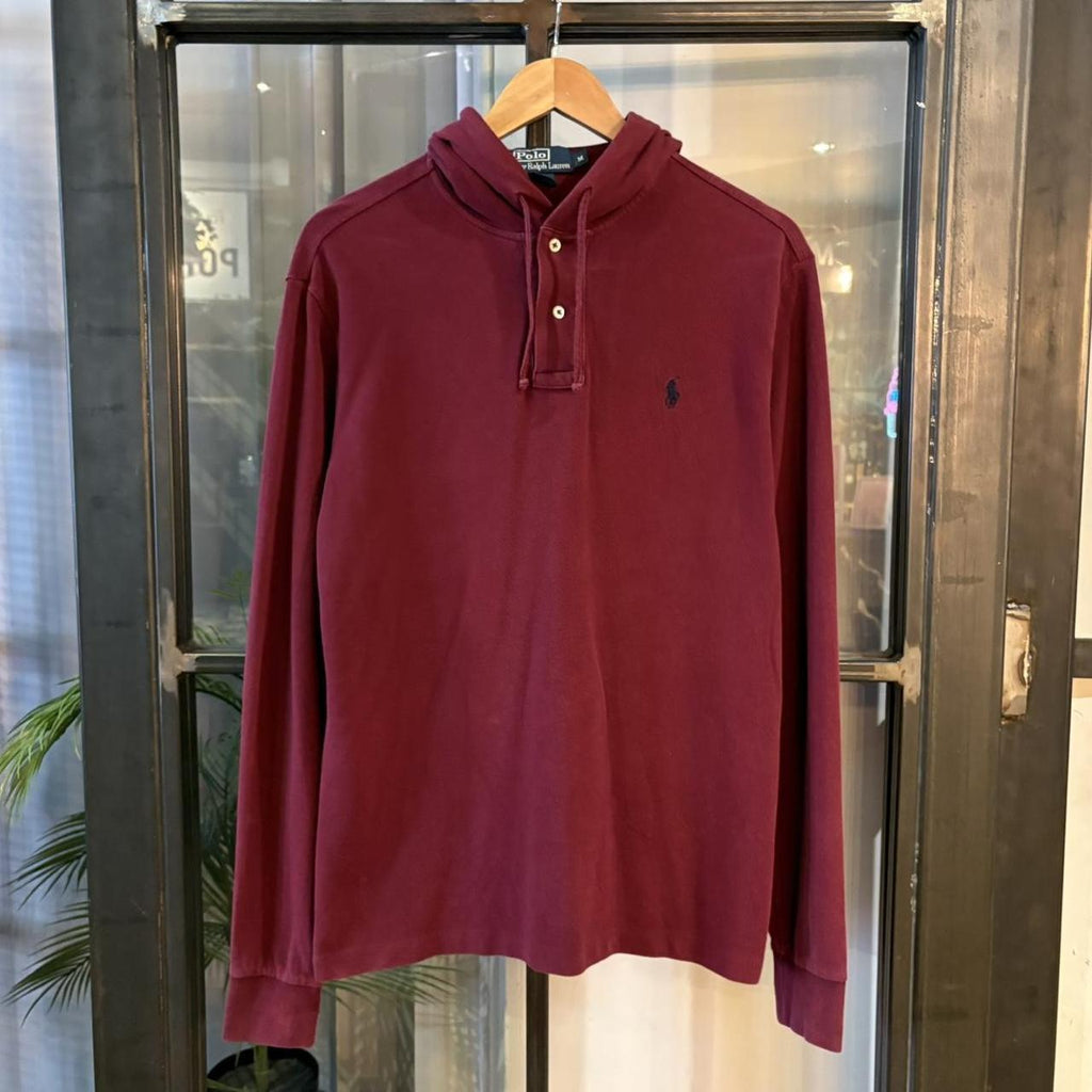 SWT706F - Vintage Retro Essential Burgundy Polo Ralph Lauren 1/4 Button Up Hooded Sweatshirt Hoodie with embroidered logo #90s #preppy #oldmoney #poloralphlauren #y2k