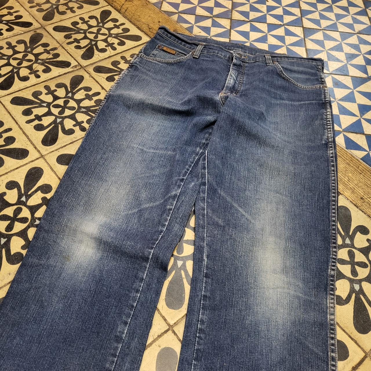 TRW257 - Vintage retro essential mens adult Wrangler Dark Blue Wash Baggy Overszied Trousers pants jeans with embroidered embroidery graphic patch carpenter casual workwear wide leg skate 90s Y2K style
