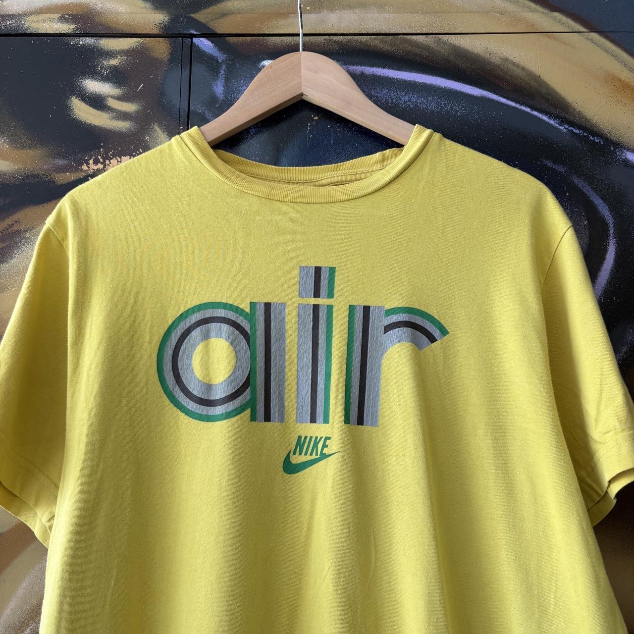 Vintage Nike Air T shirt Mens Small Yellow Stripe Block Spell Out Swoosh Graphic Print Joga Bonita Tee Top 90s Y2K 00s