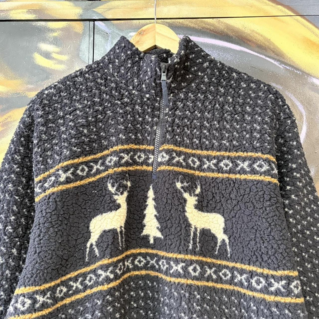 BR2701DH-U - Vintage retro essential Old Navy Blue 1/4 quarter zip up outdoor pattern deer sweatshirt  fleece jacket #pullover #outdoor #hike #deer #climbing