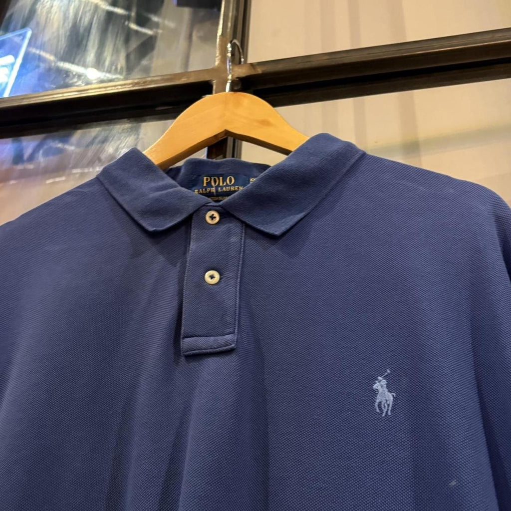 MES2710GB-F - Vintage Retro Ralph Lauren Plain Blue Polo Shirt Short Sleeve collared button up top  #Y2K #preppy #chiefkeef #oldmoney #ralphlauren