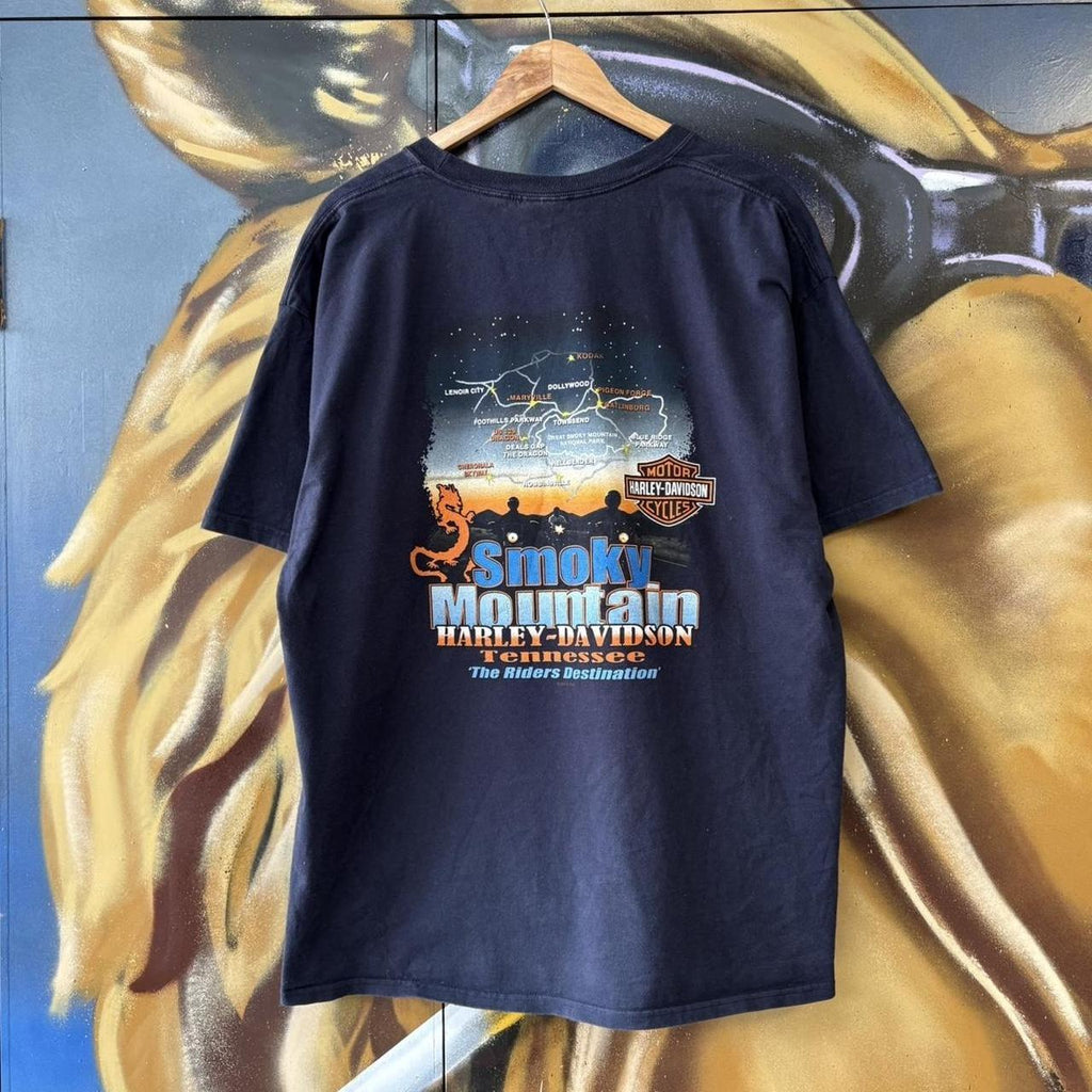 Vintage Harley Davidson T Shirt Mens XL Navy Tee Graphic Back Print Smoky Mountain Biker Top Y2K 90s