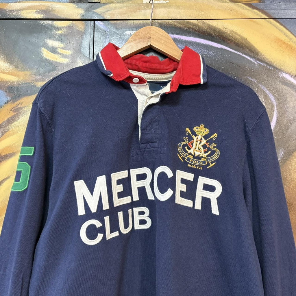 MES1901CA-U - Vintage Retro Ralph Lauren Navy longsleeve collared button up rugby jersey top with embroidered crest logo, Mercer and number 5#Y2K #preppy #chiefkeef #oldmoney #ralphlauren
