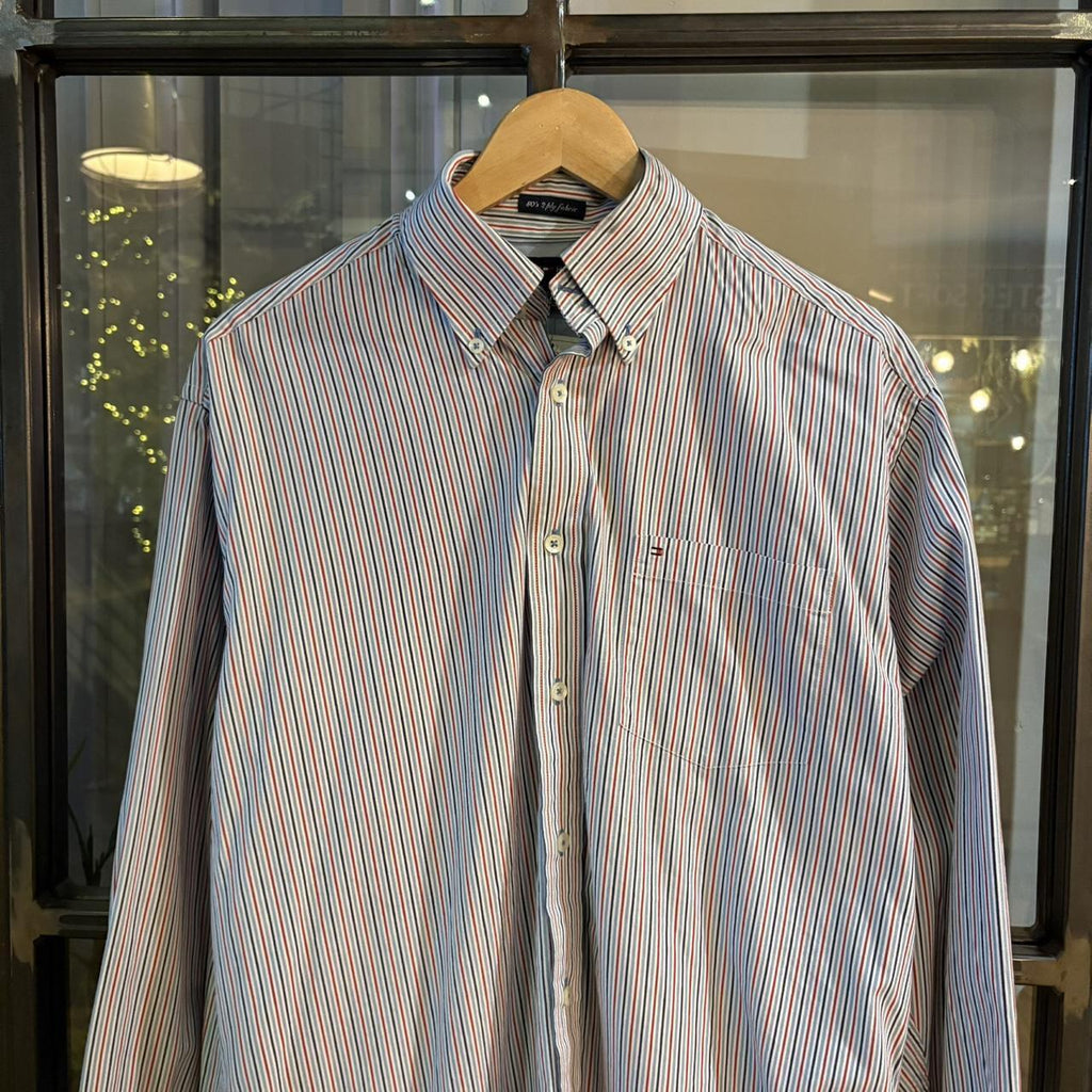 1224D65 - Vintage Tommy Hilfiger Striped Light Blue and Red Shirt longsleeve collared button up top #Y2K #preppy #chiefkeef #golf #oldmoney