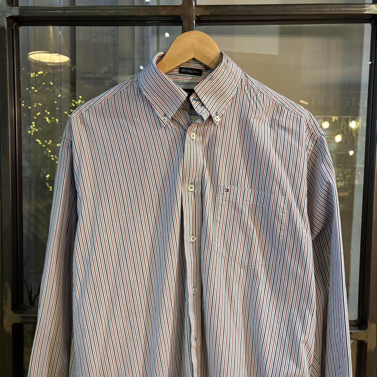 1224D65 - Vintage Tommy Hilfiger Striped Light Blue and Red Shirt longsleeve collared button up top #Y2K #preppy #chiefkeef #golf #oldmoney