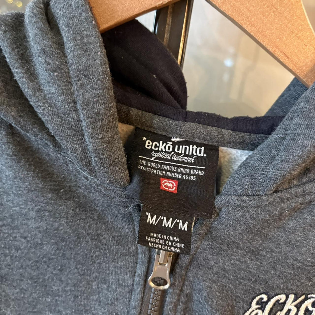 042565F - Vintage Retro Essential Dark Grey Ecko Unltd. Full Zip Up Sweatshirt Hoodie with small chest embroidered logo #90s #sportswear #essential #ecko #y2k