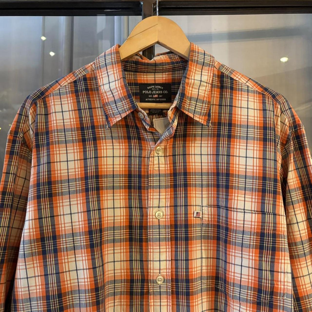BR1209BG-F - Vintage Ralph Lauren Orange Check Longsleeve collared button up polo shirt top #Y2K #preppy #chiefkeef #smartcasual #oldmoney