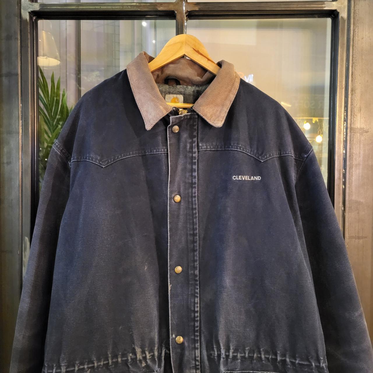 WWJ4012 - Vintage Retro essential Carhartt Navy Blue Michigan chore barn Full Zip Up blanket padded lined Canvas Collared Jacket with iconic branded patch logo #carhartt #michiganjacket #workwear #canvas