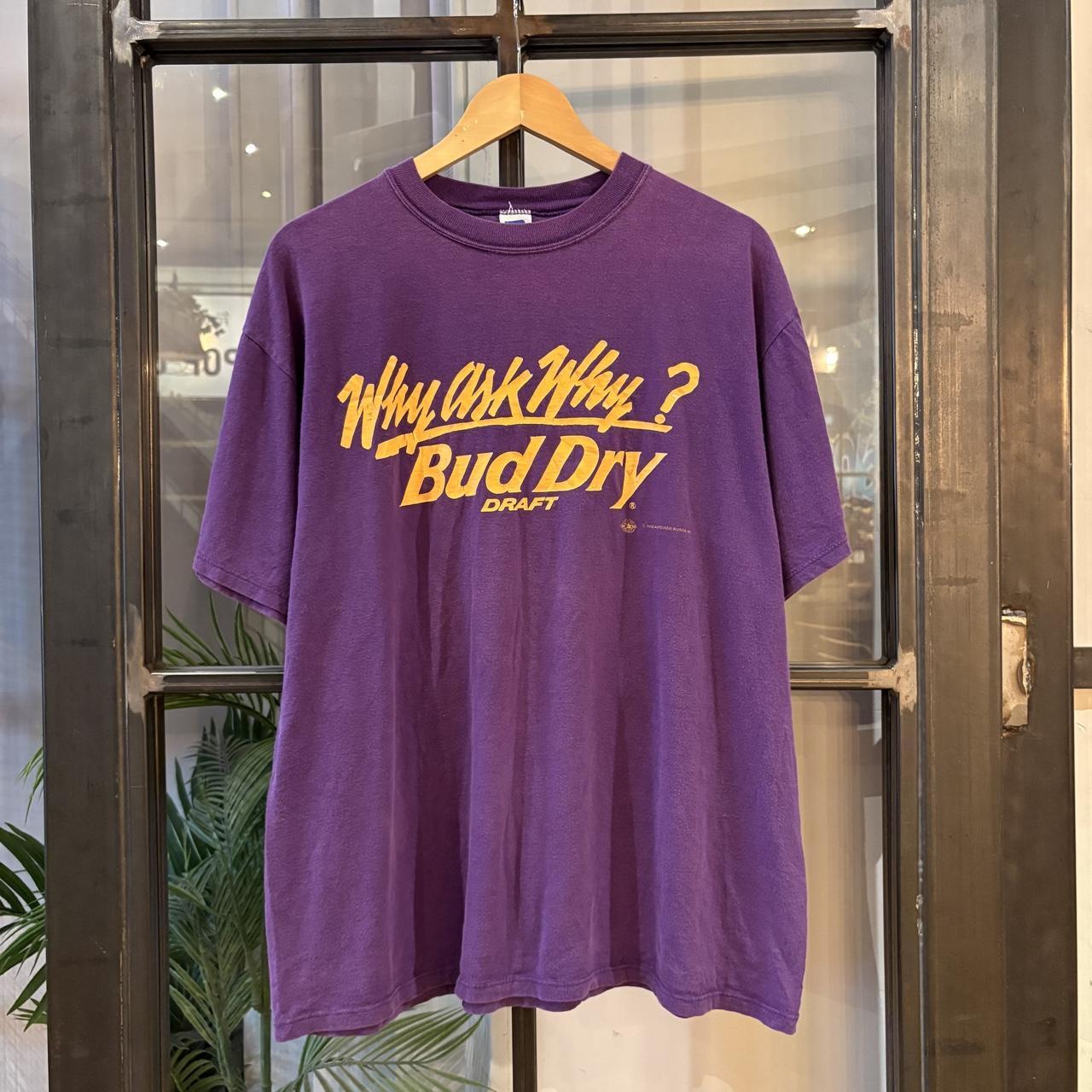 Vintage Bud Dry Beer T shirt Mens XL Purple Graphic Promo Slogan Why Ask Why? Print Tee Top 90s