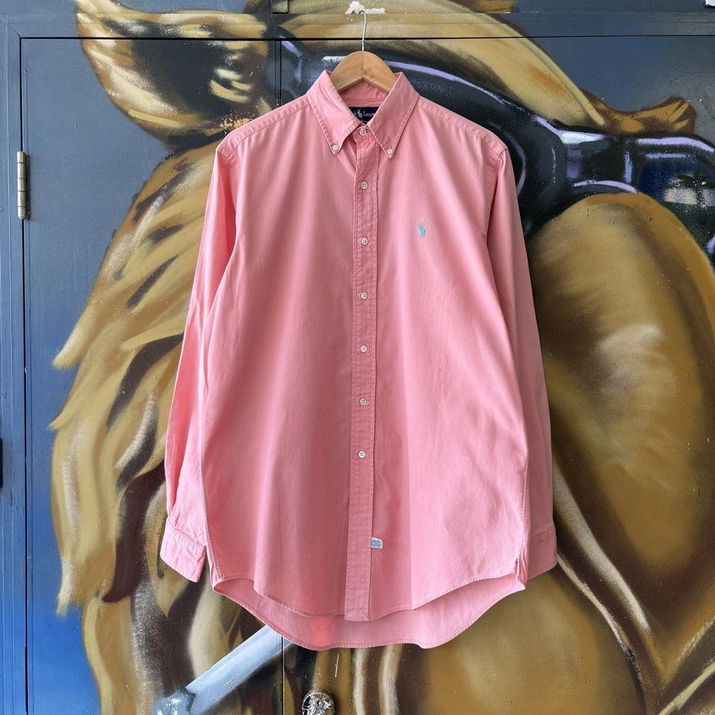 Vintage Ralph Lauren Polo Shirt Mens Medium Pink Plain Preppy Pony Logo Collared Button Up Top Y2K 90s